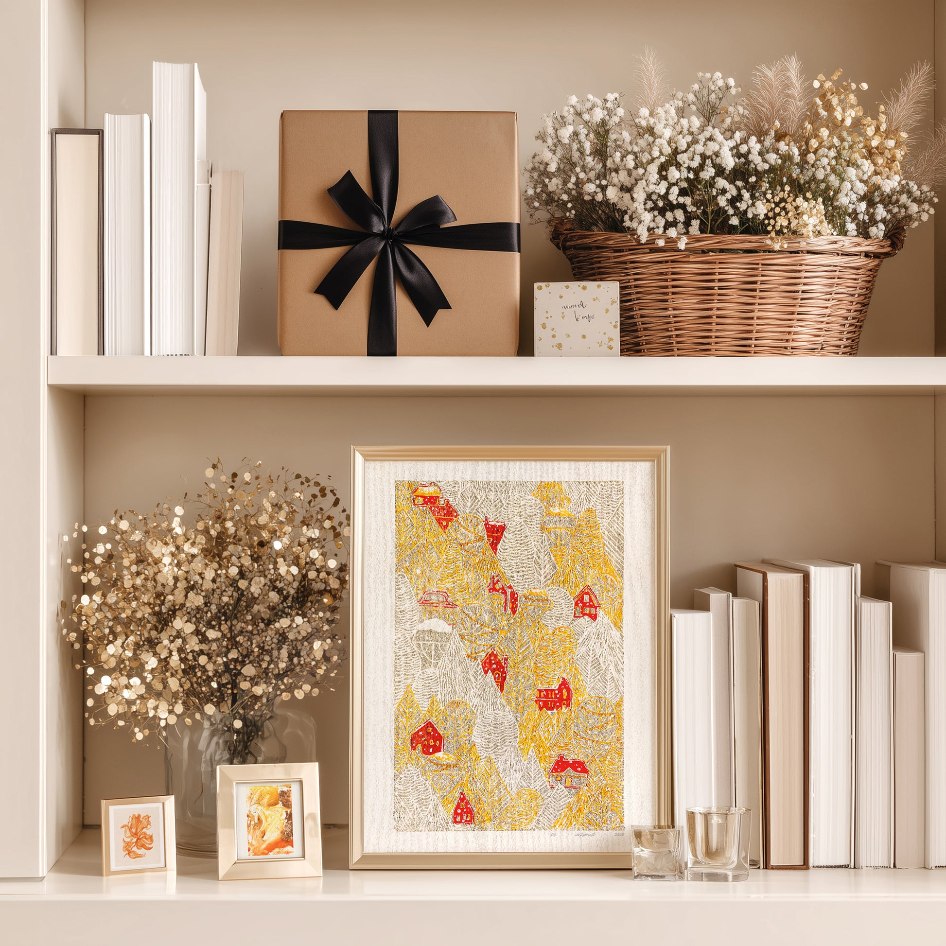 Yellow gray funny modern autumn magical forest first snow red house village printable wall art large linocut prints warm earth tones kids room decor bedroom wall decor digital poster instant download holiday season foraged thanksgiving table self gift affordable lino download rustic fall living room nature thank you mom aesthetic home office housewarming new home modern downloadable hanging moody kitchen dining dorm laundry mom mother grandmother sister wife women farm hostess girlfriend