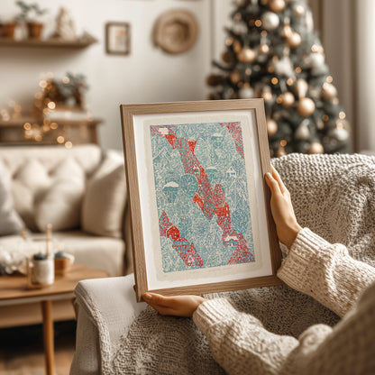 Light blue retro winter blue forest snow red house village printable wall art large linocut prints festive kids room master bedroom decor digital poster rustic christmas funny lino fine art linogravure instant download lovers present farm dining room holiday season foraged self gift affordable nature thank you mom aesthetic home office housewarming new downloadable hanging moody kitchen dorm laundry mom mother grandmother sister wife women hostess girlfriend toddler room xmas kitchen entryway