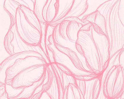 Spring trendy pink wall art Hand drawn tulips flower sketch Line floral large botanical poster Printable neutral prints Bedroom living room decor digital instant download