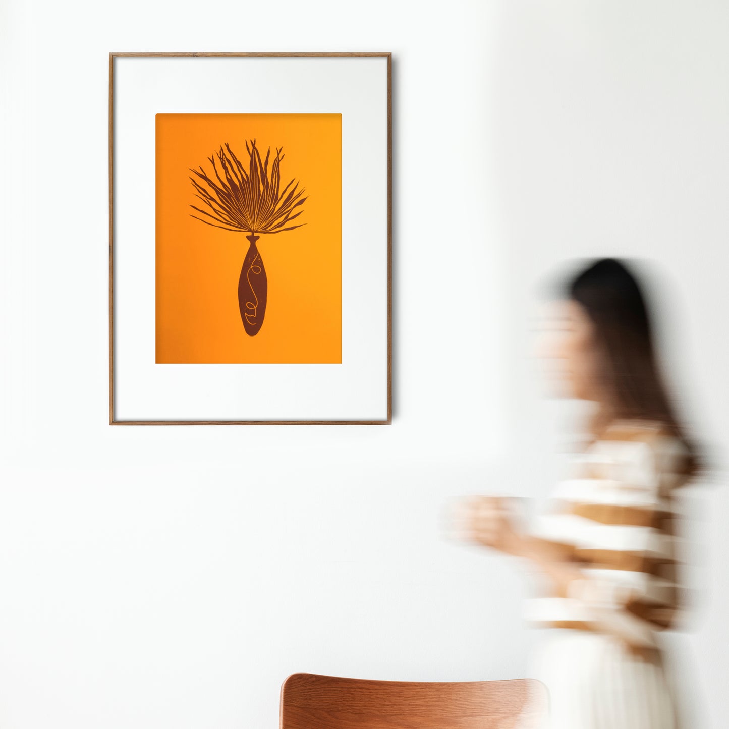 Gallery wall set of 2 Linocut print Yellow and brown His and her face vase and funny plant for New home gift, houswarming gift, new home gift for living room or bedroom / printmaking, lino print, linogravure, original artwork, block relief print wall art