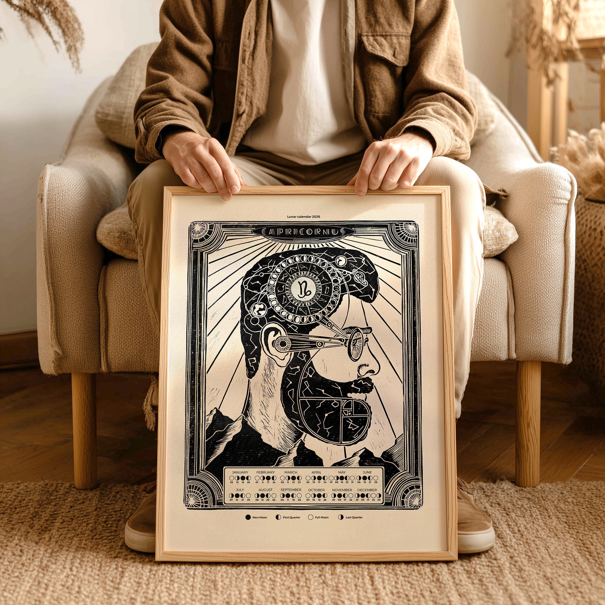 personalized zodiac 2026 lunar calendar moon phases male portrait art deco landscape wall art linocut prints printable wall art home office digital poster boyfriend gift christmas present husband gift for him brother New year gift large contemporary modern chart black bedroom INSTANT DOWNLOAD 
host gift, aunt gift, godmother gift, godparent gift, godfather gift, mother in law gift, daughter in law gift, Thanksgiving Gift,  retirement gift, teacher retirement gift, going away gift for coworker