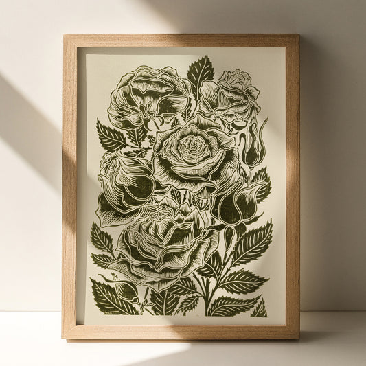 rose flowers retro cottagecore large linocut print sage green color floral lino original artwork bedroom wall decor linogravure vintage botanical monoprint art reading nook decor christmas present coworker gift sister hallway modern kitchen fall grandmother relief block rustic new home hostess office nature lover farmhouse thank you printmaking handprinted farm self mom mother hostess new apartment godmother wife woman living room kitchen handmade dining Her Gratitude Entryway Earth Tones roses