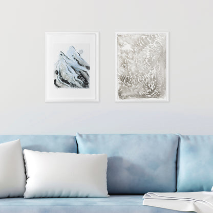 gallery wall set original artwork Simple artwork set of 2 wall art Relief print noel decoration Monotype prints Abstract mountains Holiday winter wall Bedroom wall decor Blue abstract art New home gift Silver texture Printmaking decorations Handmade wall art decor Modern contemporary painting Living room Houswarming gift snowy