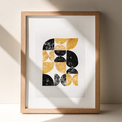 bauhaus style linocut print mid century modern relief texture man cave wall decor geometric art entryway father gift black friday sale lino linogravure printmaking cyber week deal bedroom office eco friendly contemporary abstract golden minimalist home original artwork living room statement self christmas dopamine entryway fall gift for her one of a kind bathroom scandinavian handprint unique eclectic aesthetic wall hanging kitchen dining room laundry entryway handmade housewarming new apartment
