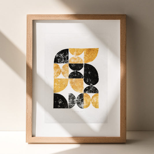 bauhaus style linocut print mid century modern relief texture man cave wall decor geometric art entryway father gift black friday sale lino linogravure printmaking cyber week deal bedroom office eco friendly contemporary abstract golden minimalist home original artwork living room statement self christmas dopamine entryway fall gift for her one of a kind bathroom scandinavian handprint unique eclectic aesthetic wall hanging kitchen dining room laundry entryway handmade housewarming new apartment