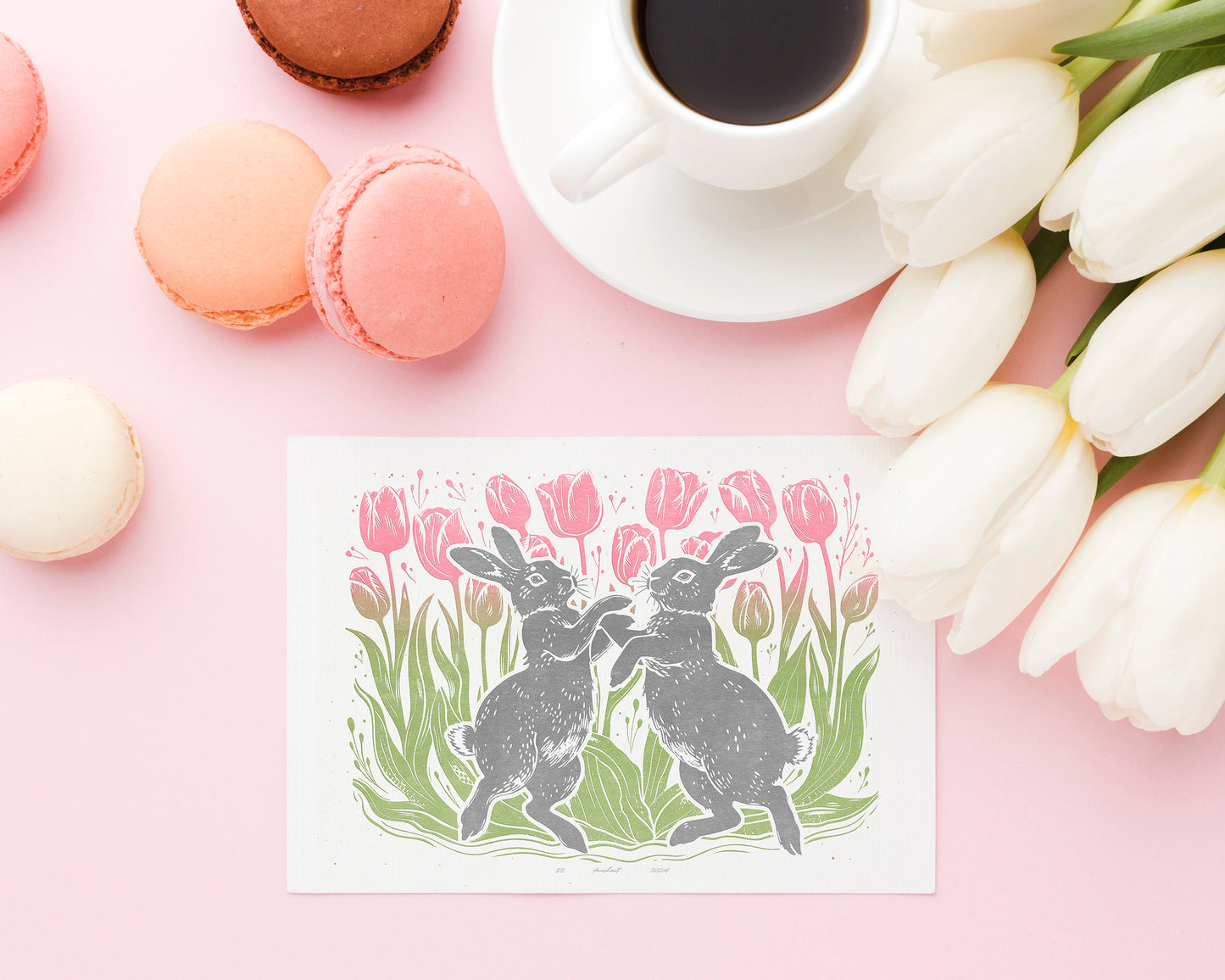 Printable linocut prints Dancing rabbits with tulips flower and plant wall art Relief texture Cottagecore decor Digital downloadable poster Kids children room Pink gray sage green color illustration Instant download Farm modern bedroom decor