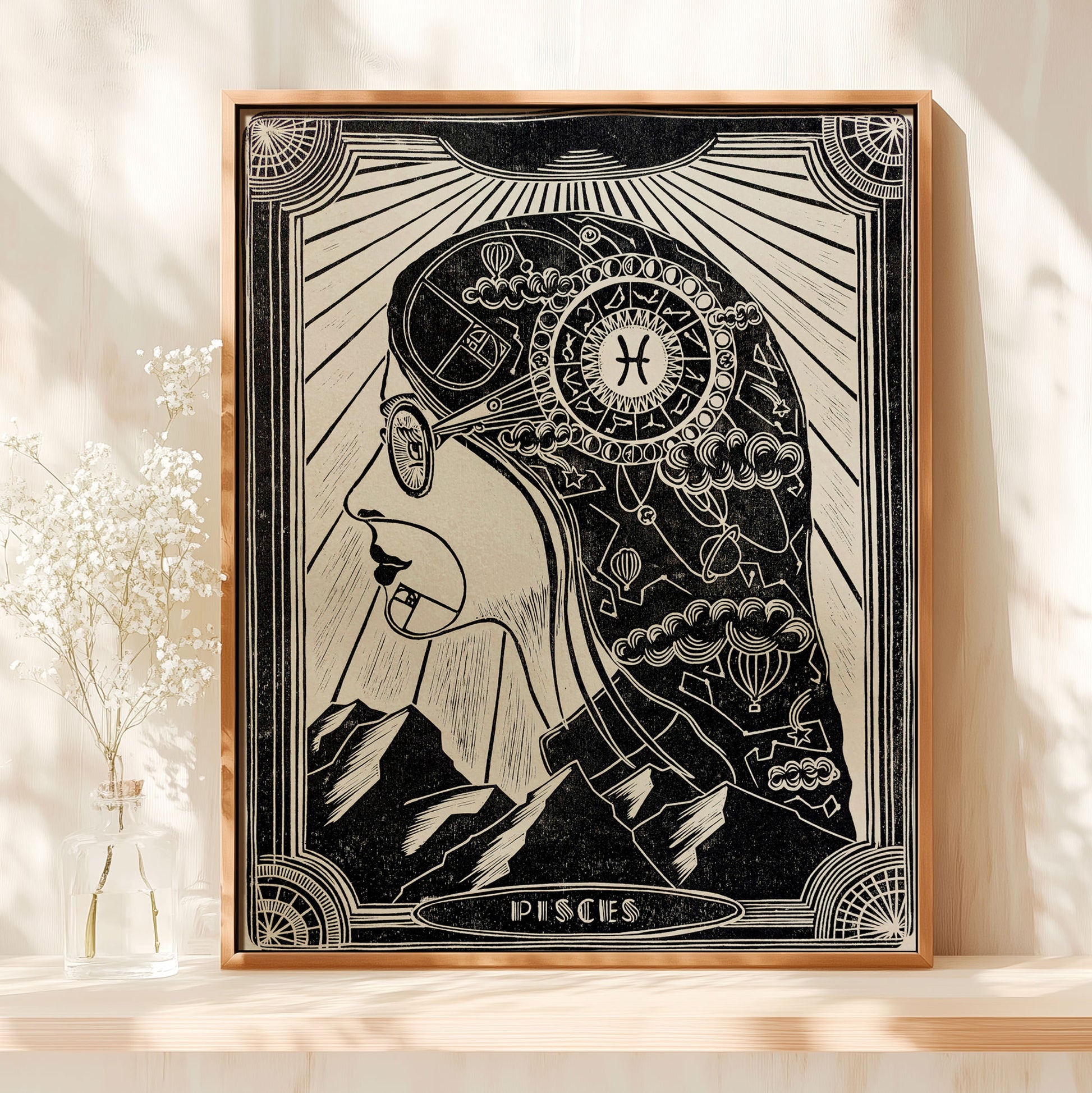 mid century modern personalized zodiac sign linocut print female portrait original artwork large wall art bedroom decor unique gift ideas gift for her self gift lino linogravure wife daughter big sister girlfriend best friend valentines handmade gift for the home women new grandma godparent godmother aunt hostess grandmother new mom grandma birthday housewarming  new home gift home office Aries Taurus Gemini Cancer Leo Virgo Libra Scorpio Sagittarius Capricorn Aquarius Pisces