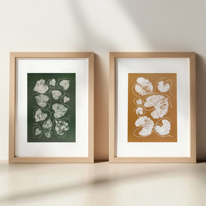 Gallery wall set of 2 Green ochre beige textured leaves Monotype print wall art decor A4 wall hanging, unique wall art, trendy, thank you gift, boss, teacher appreciation gift, Summer, Christmas, Spring wall art, sister in law gift,&nbsp; self gift, rustic wall art, retirement, One of a Kind Holiday Gift,&nbsp;Relief print, realtor closing gift, Printmaking art, plant lover gift, original illustration, Thank You Gift, original artwork, one of a kind, office wall decor, nurse gift, niece gift from aunt