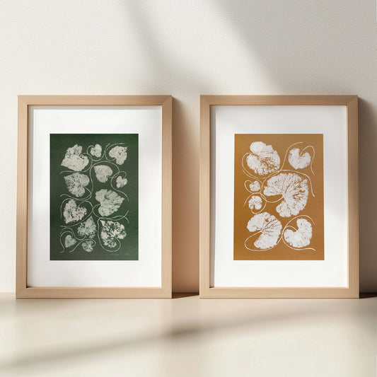 Gallery wall set of 2 Green ochre beige textured leaves Monotype print wall art decor A4 wall hanging, unique wall art, trendy, thank you gift, boss, teacher appreciation gift, Summer, Christmas, Spring wall art, sister in law gift,&nbsp; self gift, rustic wall art, retirement, One of a Kind Holiday Gift,&nbsp;Relief print, realtor closing gift, Printmaking art, plant lover gift, original illustration, Thank You Gift, original artwork, one of a kind, office wall decor, nurse gift, niece gift from aunt