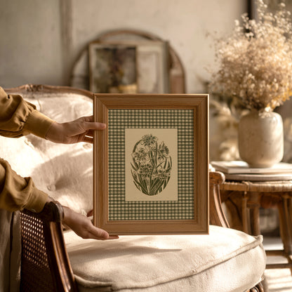 Retro Cottagecore Sage Green Gingham Daffodil Flowers Linocut Prints Floral Printable Bedroom Wall Art Checkered Farm Decor Digital Poster Living room entryway hallway 
 woodland illustration, Christmas gift ideas, monoprints, Housewarming gift, Thanksgiving, Monochrome earth tone palette, hostess gift, downloadable, neutral earth tones, hallway wall decor, wellness, home gift unique, heirloom gift, wellness home decor, bathroom prints, vintage poster, earthy green tones, grandmother gift