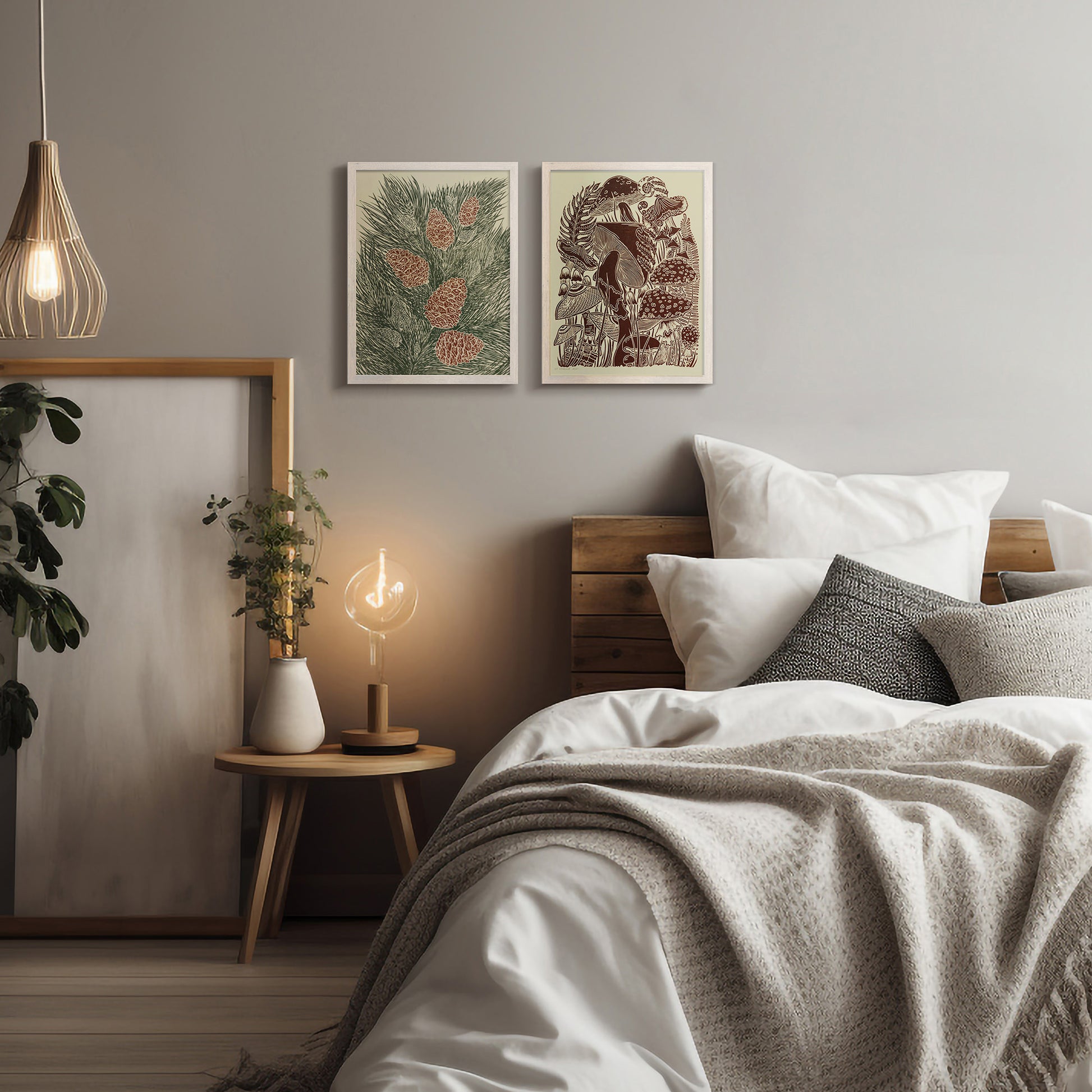 retro cottagecore vintage pine autumn wall art sage green color large linocut print original artwork nature lover gift foraged pinecones bedroom decor christmas present self linogravure rustic lino botanical relief block modern kitchen hallway living room sister grandmother new home hostess one of a kind office farmhouse thank you printmaking handprinted farm mom mother new apartment godmother wife woman handmade dining Her Thankful Gratitude Entryway Dorm Earth Tones coworker