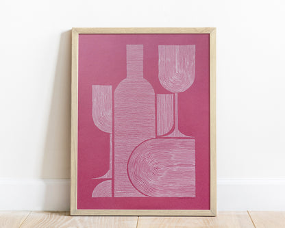 Viva magenta Geometric abstract wine and glass line shapes artwork for kitchen wall decor UNFRAMED Modern kitchen art Wine lover gift