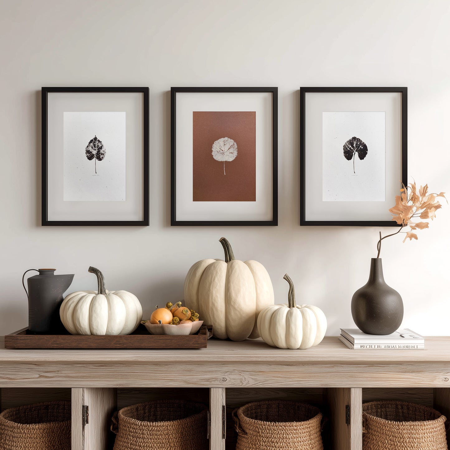 autumn wall art leaves monotype print gallery wall set of 3 original artwork cottagecore modern kitchen dining room decor hostess new home gift one of a kind rustic fall terracotta brown beige relief leaf nature lover thankful mother grandmother summer monoprint botanical xmas minimalist thanksgiving table seasonal mother living room thoughtful farmhouse home office thank you printmaking foraged handprinted farm sister mom  apartment godmother wife woman for Her Dorm Warm Earth Tones decoration