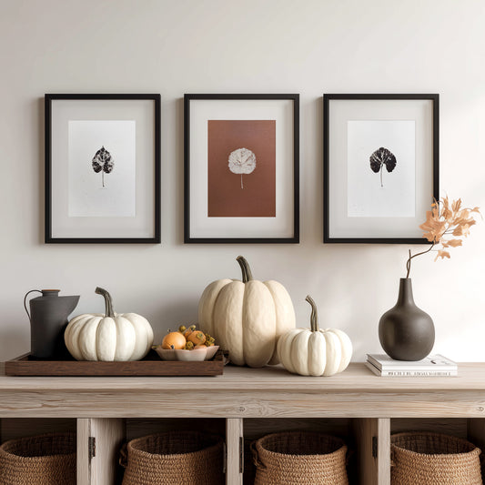 autumn wall art leaves monotype print gallery wall set of 3 original artwork cottagecore modern kitchen dining room decor hostess new home gift one of a kind rustic fall terracotta brown beige relief leaf nature lover thankful mother grandmother summer monoprint botanical xmas minimalist thanksgiving table seasonal mother living room thoughtful farmhouse home office thank you printmaking foraged handprinted farm sister mom  apartment godmother wife woman for Her Dorm Warm Earth Tones decoration