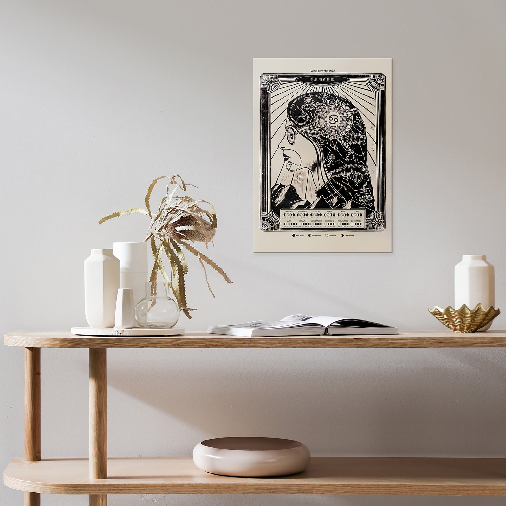 personalized zodiac 2026 moon phases lunar calendar female portrait art deco large linocut prints printable wall art bedroom decor girlfriend new year gift ideas digital poster mother astrology inspired landscape home office contemporary modern chart black bedroom INSTANT DOWNLOAD Aries, Libra, Capricorn, and Cancer, Taurus, Scorpio, Leo, and Aquarius, Gemini, Sagittarius, Virgo, and Pisces aunt gift, godmother gift, godparent gift, godfather gift, mother in law gift, daughter in law gift, Thanksgiving Gift