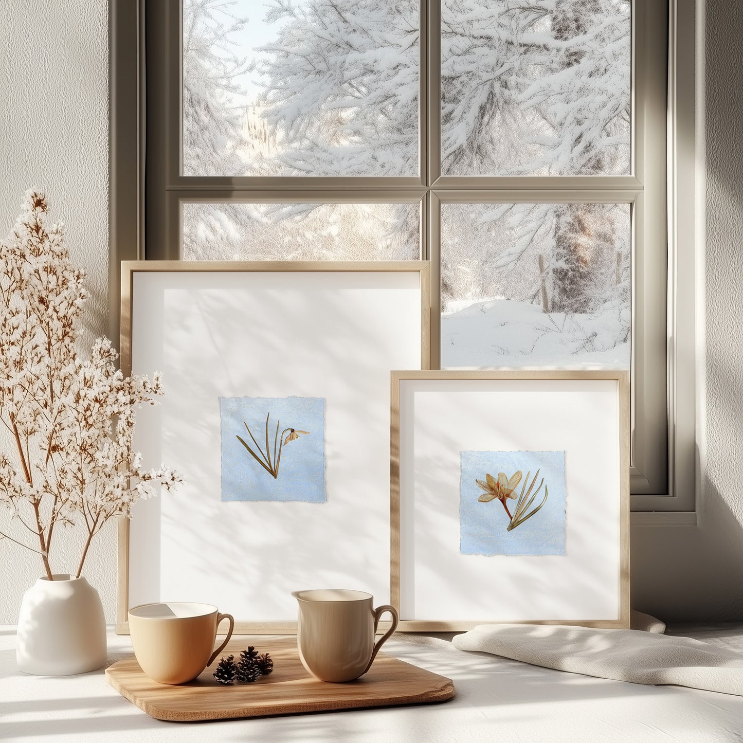 Mini gallery wall set of 2 Saffron and Snowdrop pressed flowers Blue and white monotype print Gray original artwork decor UNFRAMED wall hanging, unique wall art, trendy wall art, thank you gift boss, teacher appreciation gift, Spring wall art, sister in law gift, shelf decor, self gift, rustic wall art, retirement gift, realtor closing gift, pressed plants art, pressed leaves art, Pressed flower art, Plant print, plant lover gift, original artwork, one of a kind, nurse gift, niece gift from aunt