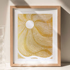 Gold boho sun and waves landscape linocut print Original artwork for nature lovers gift