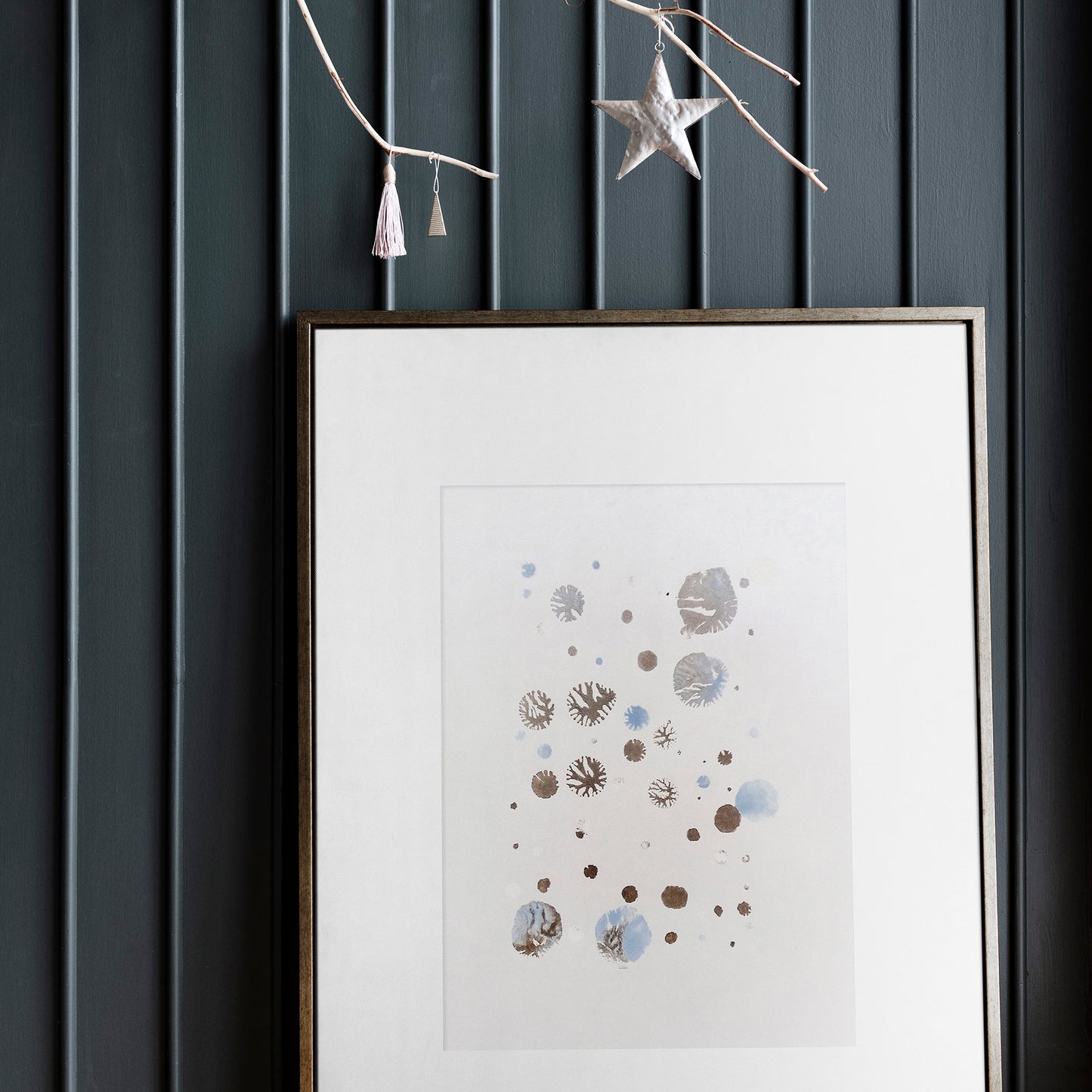 abstract snowflakes monotype print calm holiday winter wall art contemporary rustic christmas bedroom decor scandinavian snow one of a kind monoprint original artwork silver light blue 12x16in living room seasonal printmaking kids entryway unique Minimal Xmas relief texture handprint midimalism dopamine eclectic aesthetic men above bed man cave new apartment contemporary hostess mom mother grandmother godmother for her him boyfriend girlfriend sister daughter bathroom home office decoration