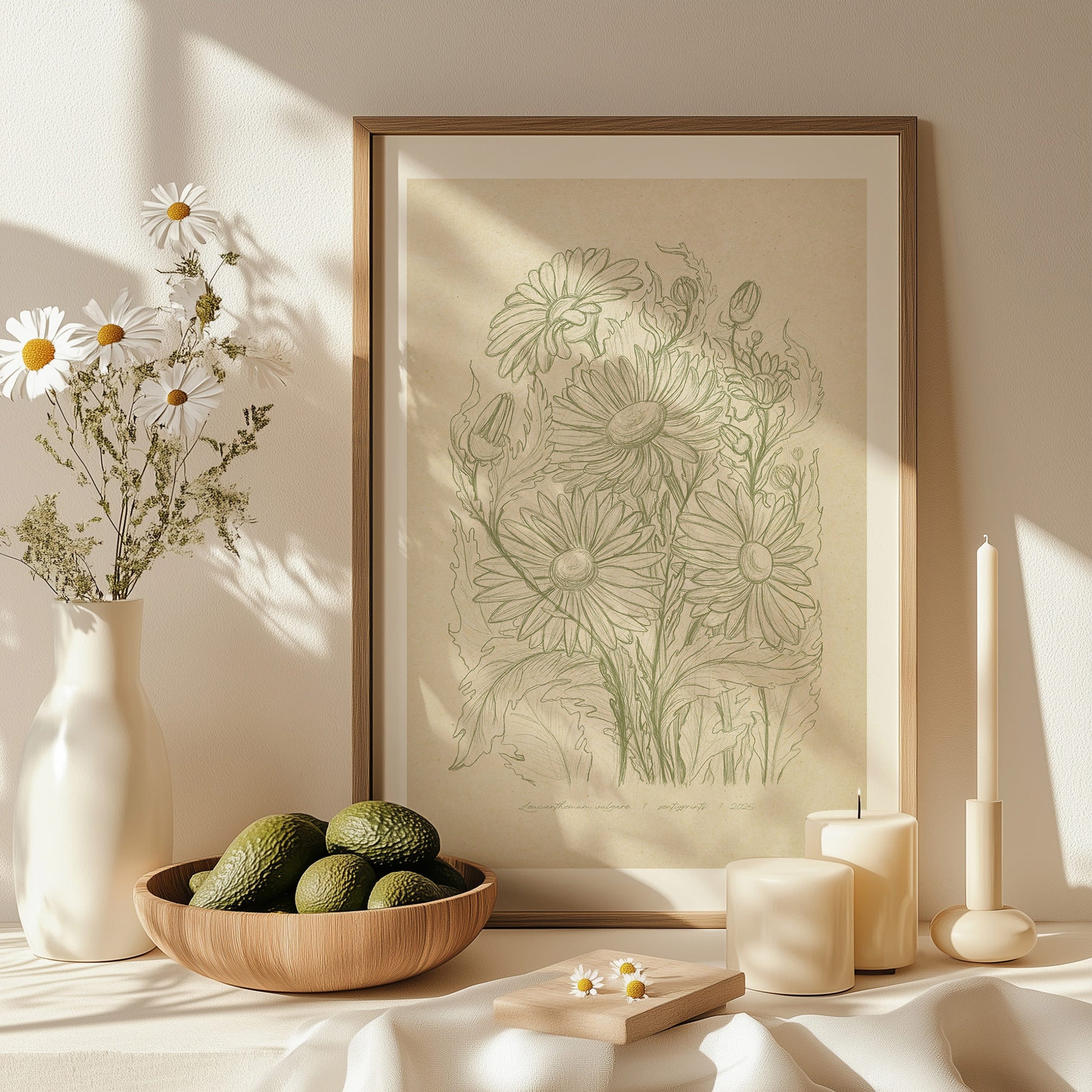 Antique hand drawn Daisy flowers Printable wall art Digital poster cottage core, Botanical wall art, Botanical print, bookshelf decor, Beige color, Bedroom wall art, aunt gift, Aesthetic wall art