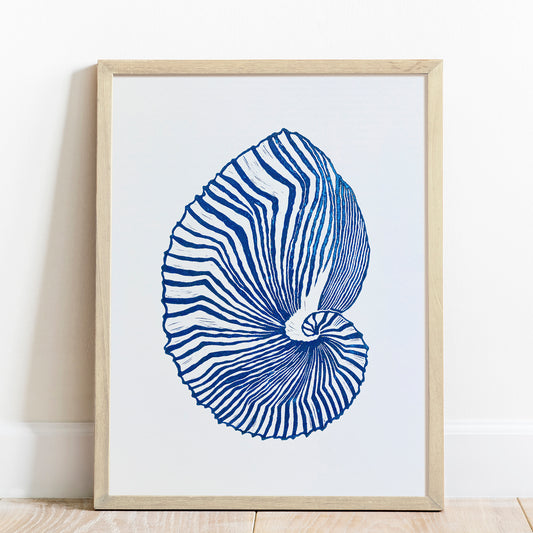 abstract blue sea shell large linocut print maritime living  summer wall art hampton decor bedroom original artwork classical style relief block island luxe lino linogravure Resortcore Tourist-Chic printmaking handprint modern unique scandinavian minimalist geometric textured aesthetic moody unique wall hanging summer bathroom heirloom dorm laundry nautical above bed entryway decordried home office new home gift housewarming self minimalism she shed gifts geometric midimalism family room
