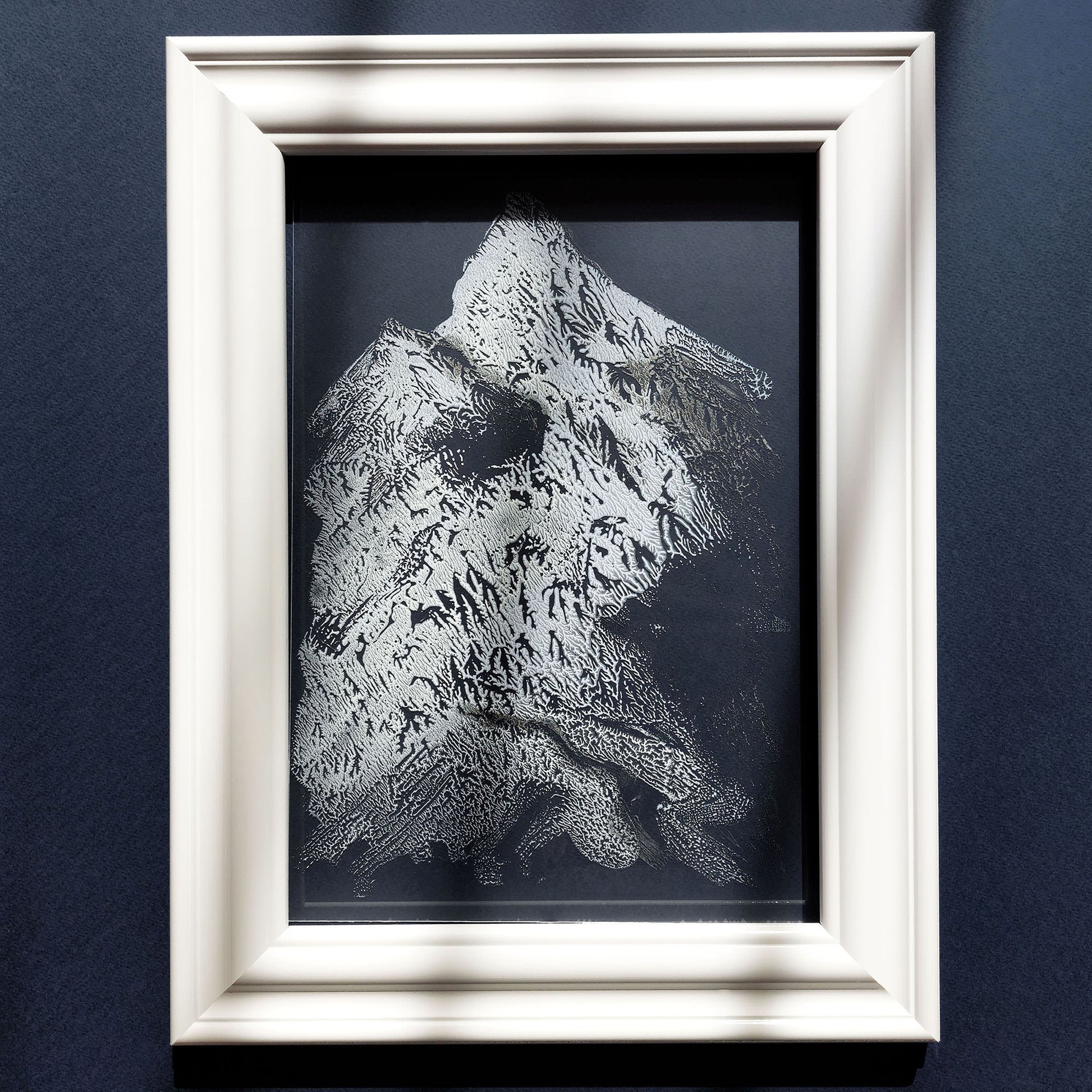 Silver white light blue winter mountains mini monotype print relief monoprint flexible plexiglass original artwork powder room engraving etching one of a kind neutral abstract organic modern headboard wall art spa bathroom decor mudroom home office bathroom living room bedroom entryway unique Minimal printmaking texture handprint midimalism eclectic scandinavian aesthetic man cave new contemporary hostess mom mother grandmother godmother for her him boyfriend girlfriend sister daughter bathroom