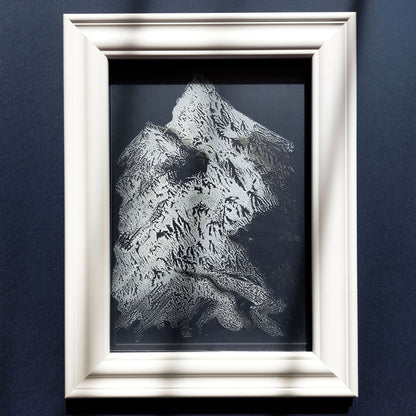 Silver white light blue winter mountains mini monotype print relief monoprint flexible plexiglass original artwork powder room engraving etching one of a kind neutral abstract organic modern headboard wall art spa bathroom decor mudroom home office bathroom living room bedroom entryway unique Minimal printmaking texture handprint midimalism eclectic scandinavian aesthetic man cave new contemporary hostess mom mother grandmother godmother for her him boyfriend girlfriend sister daughter bathroom