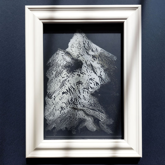 Silver white light blue winter mountains mini monotype print relief monoprint flexible plexiglass original artwork powder room engraving etching one of a kind neutral abstract organic modern headboard wall art spa bathroom decor mudroom home office bathroom living room bedroom entryway unique Minimal printmaking texture handprint midimalism eclectic scandinavian aesthetic man cave new contemporary hostess mom mother grandmother godmother for her him boyfriend girlfriend sister daughter bathroom
