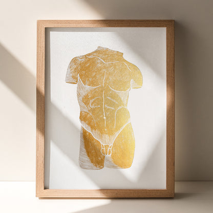gold nude bust man cave decor large linocut print antique sculpture original artwork midimalism bathroom aesthetic classic self gift husband present gift for him vanity area decor modern linogravure lino monoprint body block relief primary bedroom minimalism best friend handmade home housewarming home office entryway laundry above bed dorm living contemporary bedside headboard powder half bath creative studio workspace staircase glamoratti engraving etching country cottage european countryside