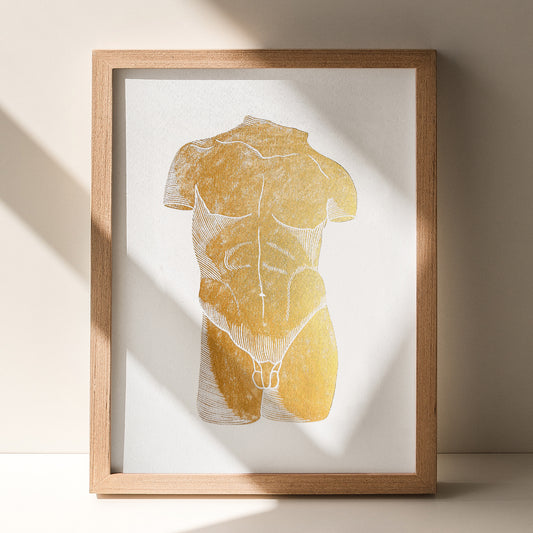 gold nude bust man cave decor large linocut print antique sculpture original artwork midimalism bathroom aesthetic classic self gift husband present gift for him vanity area decor modern linogravure lino monoprint body block relief primary bedroom minimalism best friend handmade home housewarming home office entryway laundry above bed dorm living contemporary bedside headboard powder half bath creative studio workspace staircase glamoratti engraving etching country cottage european countryside