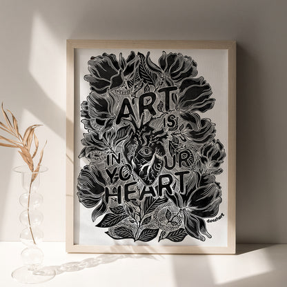 Black white art is in your heart inspirational phrase emotional quote large linocut print botanical lino magnolia flowers home office decor man cave decor sister unique gift relief linogravure monoprint tattoo
 new grandma gift, new apartment housewarming gift, new apartment gift, staircase wall art, eclectic, minimalist Nature original art,&nbsp;mindfulness nature lover gift, reading nook decor, mothers day gift ideas, mothers day gift from daughter, mothers day gift, mother in law gift, mom birthday gift