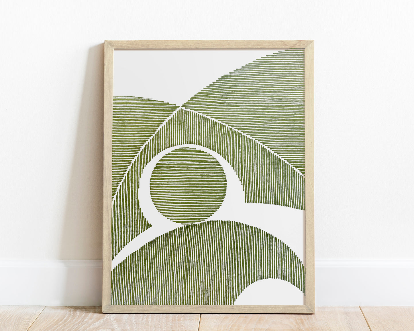 Summer wall art Sage green sun abstract lines landscape Original hand drawn Geometric artwork Bedroom modern decor New home gift One of kind