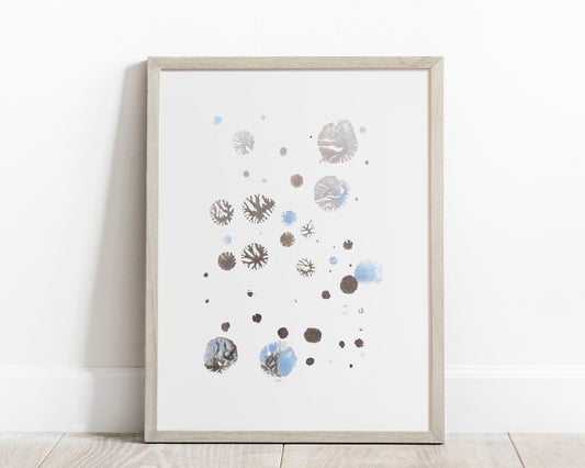 Monotype print, Bedroom wall decor, Living room wall art, Printmaking art, relief print, Original artwork, Blue and silver art, abstract snowflakes, Holiday winter wall, Christmas art	festive decor, Noel decoration, Minimalist art, home acsessories wall decoration, workspace wall decor