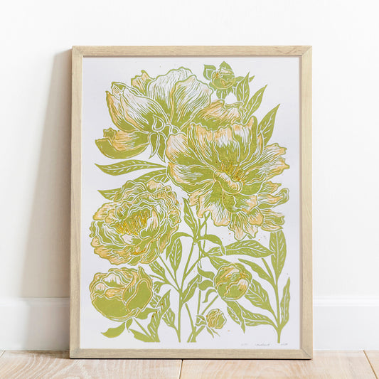 Watercolor yellow Lime Cream Green peonies flowers and green plant Linocut print wall art decor lino print, linogravure, printmaking, relief print, block print, wall hanging, unique wall art, trendy wall art, thank you gift boss, teacher appreciation gift, Summer wall art, Spring wall art, sister in law gift, shelf decor, self gift, rustic wall art, retirement gift, realtor closing gift