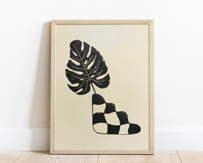 Black and beige checkered vase and monstera leaf wall art Linocut print for New home gift UNFRAMED for  living room, bedroom and modern kitchen and dining room