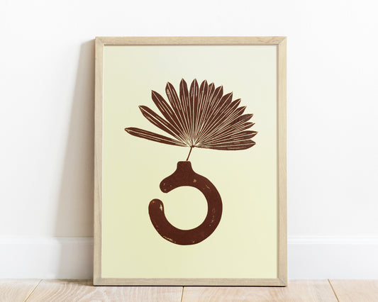 Yellow and brown Boho vase and plant art Linocut print for New home gift UNFRAMED for living room or bedroom