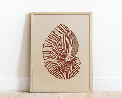 Beige and brown sea shell art Linocut print art for Bedroom or bathroom wall decor UNFRAMED / living room wall adecor for New home gift, houswarming gift, nature lover gift, Nautical wall decor, Simple artwork, Hampton style decor, Coastal wall art