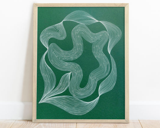 Trendy emerald green abstract flower art Modern line drawing 16x20 Geometric artwork for Nature lover gift and minimalist UNFRAMED / handmade art, original artwork for living room and bedroom, scandinavian wall decor, japandi wall art