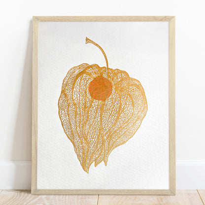 Gold physalis plant and Orange berry Linocut print wall hanging, unique wall art, trendy wall art, thank you gift boss, teacher appreciation gift, autumn wall art, sister in law gift, shelf decor, self gift, rustic wall art, retirement gift, realtor closing gift, Plant print, plant lover gift, original artwork, one of a kind, nurse gift, niece gift from aunt, new mom gift, new job gift, New home gift, new grandma gift