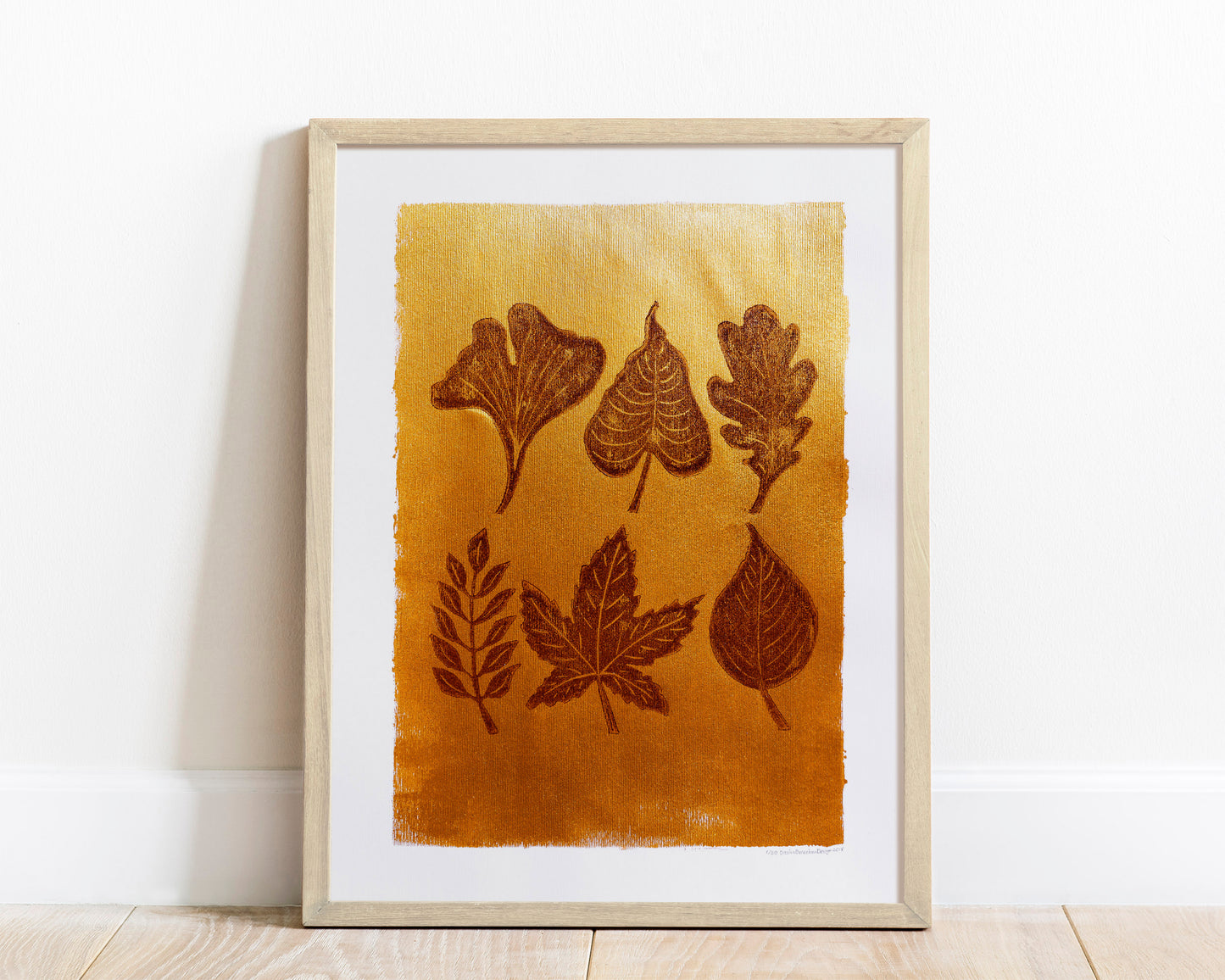 Gold and brown fall leaves Linocut print 12x16in for New home gift UNFRAMED / gold acrylic ink, oil ink, lino print, linogravure, autumn wall art, printmaking, handmade art, Nature lover gift, simple artwork, original artwork, houswarming gift, living room, bedroom, modern kitchen decor