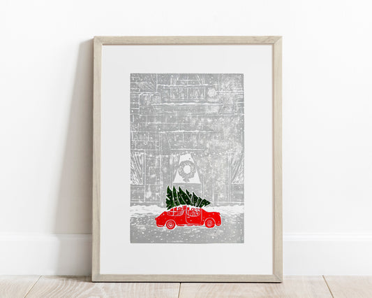 Linocut print Christmas tree and red retro car Winter city wall art 12x16 Holiday winter wall art Noel decoration UNFRAMED, Noel decoration, Linogravure, Lino print, Printmaking art, Illustration print, original artwork, handmade modern red retro car decor, living room or bedroom wall decor