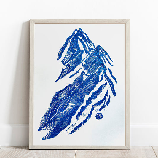 Blue mountain with house Linocut print Wall art hanging decor, lino print, linogravure. printmaking, relief print, block print, wall hanging, unique wall art, trendy wall art, thank you gift boss, teacher appreciation gift, Summer wall art, Spring wall art, sister in law gift, shelf decor, self gift, rustic wall art, retirement gift, realtor closing gift, original artwork, one of a kind, nurse gift, niece gift from aunt, new mom gift, new job gift, New home gift, new grandma gift, new apartment housewarming