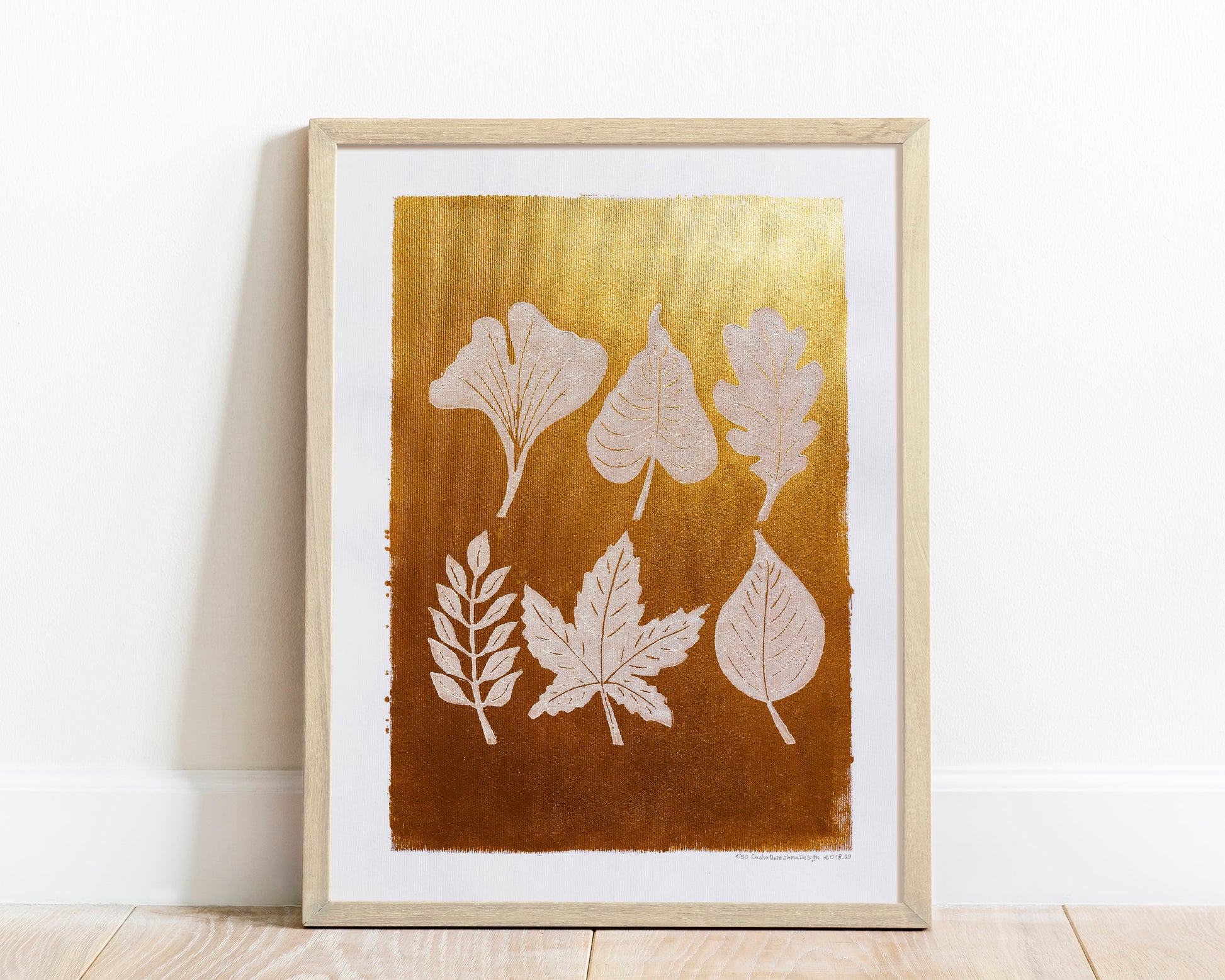 Gold and white fall leaves Linocut print 12x16in for New home gift UNFRAMED / gold acrylic ink, oil ink, lino print, linogravure, autumn wall art, printmaking, handmade art, Nature lover gift, simple artwork, original artwork, houswarming gift, living room, bedroom, modern kitchen decor
