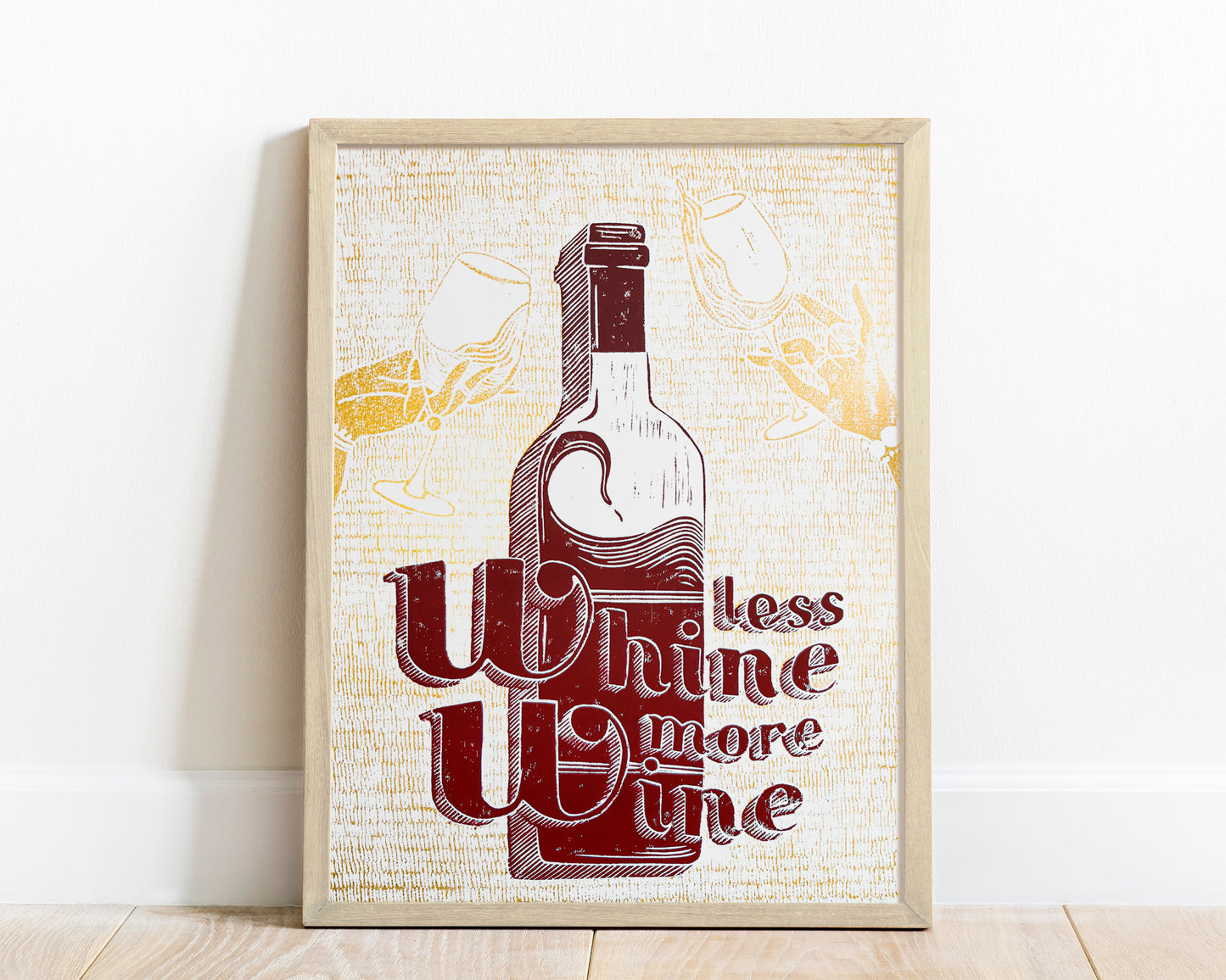 Red and gold Less whine more wine sign art Linocut print Alcohol original artwork Holiday winter wall art for bar decor UNFRAMED, Lino print, Linogravure, relief print, Wine lover gift, Red and gold art, printmaking handmade print, Gift for girlfriend, Modern kitchen art, Grandma Chic wall decor