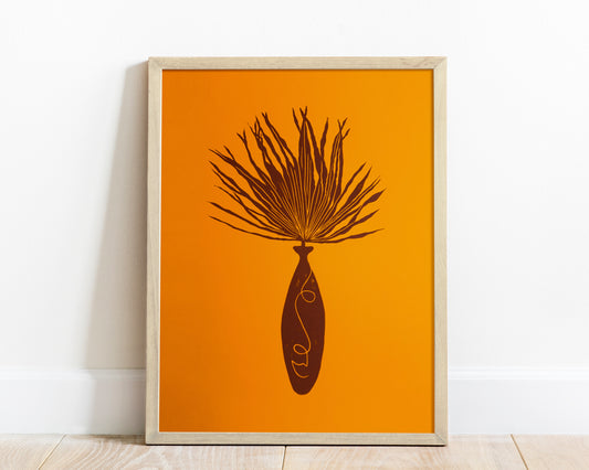 Yellow and brown Boho vase with female face and plant art Linocut print for New home gift UNFRAMED living room, bedroom and kids room