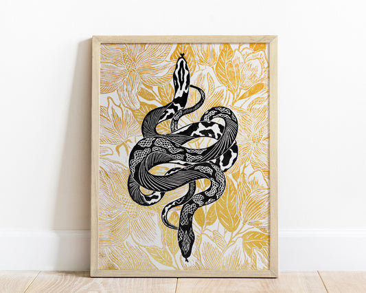 Black and gold floral snake magnolia flowers Linocut print for Nature lover gift UNFRAMED Housewarming gift New home gift Living room or bedroom decor 16x12 Reptile Original artwork Classical wall decor