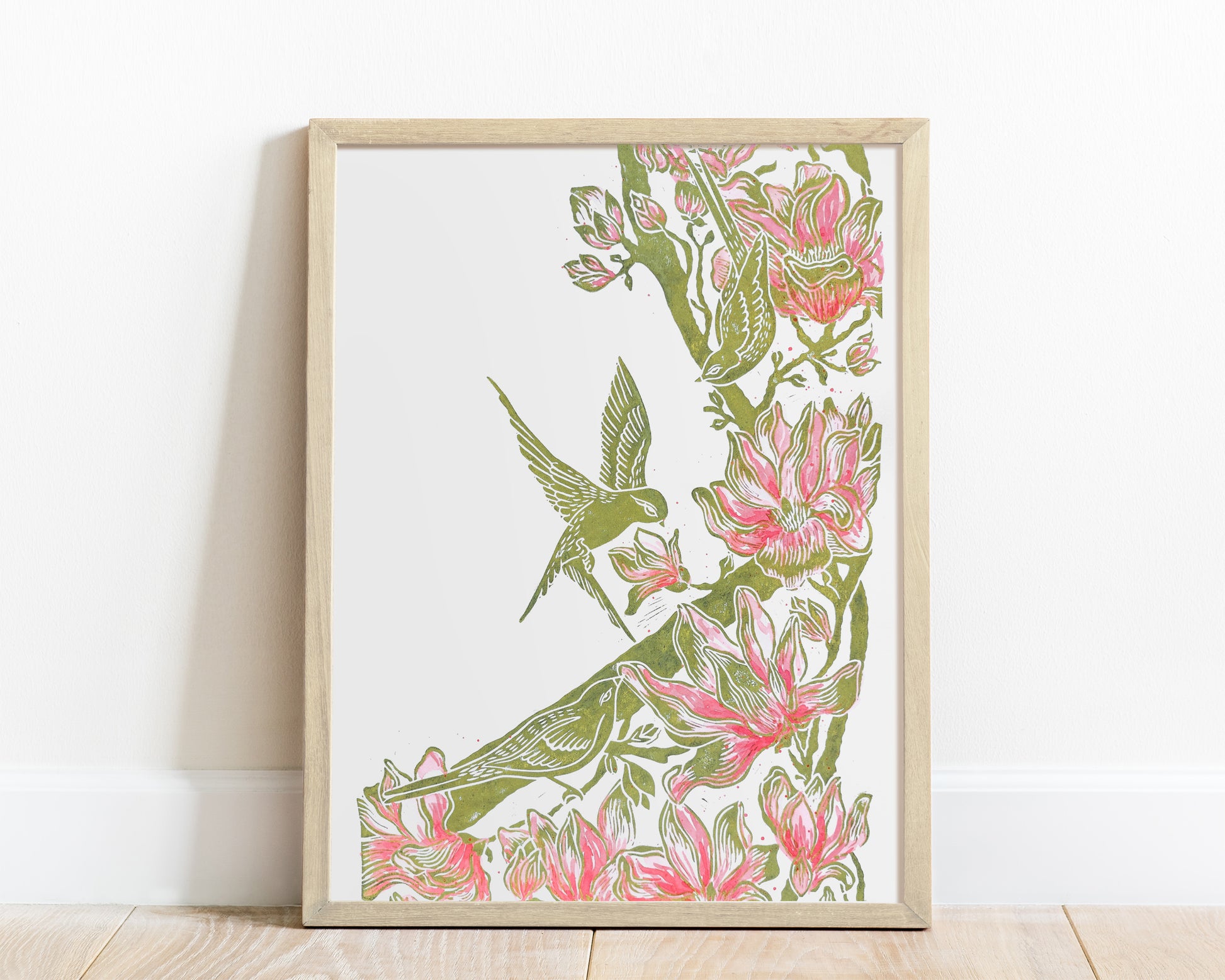 Watercolor magnolia flowers and birds Linocut print Summer wall art Botanical floral relief farm Bedroom entruway decor Housewarming gift