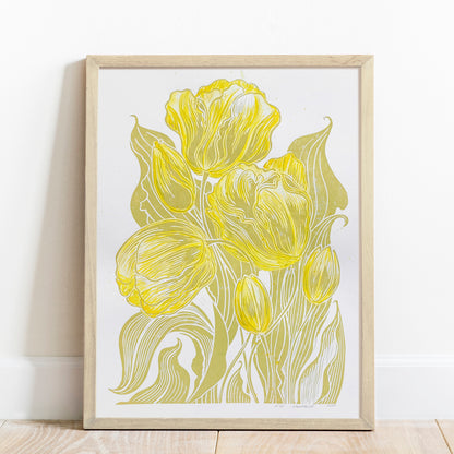 Watercolor yellow tulips flowers Lime cream green plant Botanical linocut print  wall hanging, unique wall art, trendy wall art, thank you gift boss, teacher appreciation gift, Spring wall art, sister in law gift, shelf decor, self gift, rustic wall art, retirement gift, realtor closing gift, Plant print, plant lover gift, original artwork, one of a kind, nurse gift