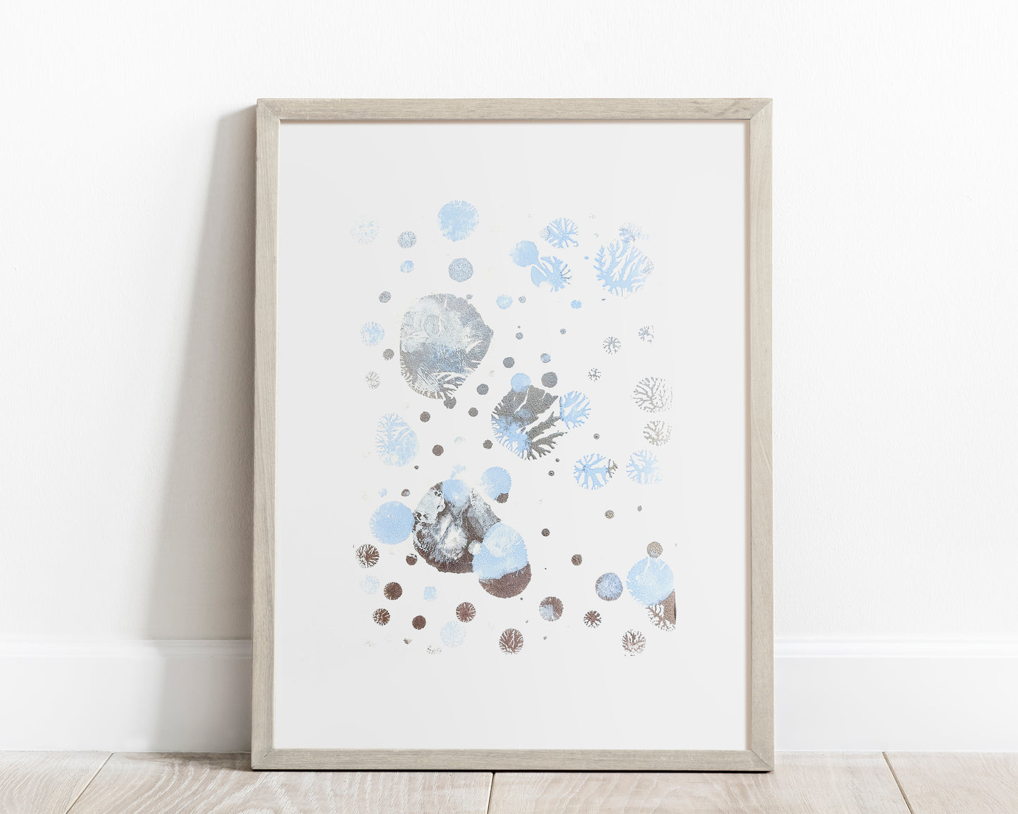 N2 Blue and silver abstract snowflakes 12x16in Monotype print Holiday winter wall art for Christmas festive living room decor UNFRAMED, Bedroom wall decor, Printmaking art handmade, one copy unique, relief print	, Original artwork, Noel decoration, Minimalist art decor