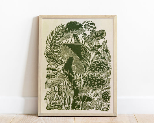Vintage green paper and green, mushrooms Linocut print for Nature lover gift / farmhouse kitchen wall art UNFRAMED / lino print / linogravure / relief block print / printmaking wall decor