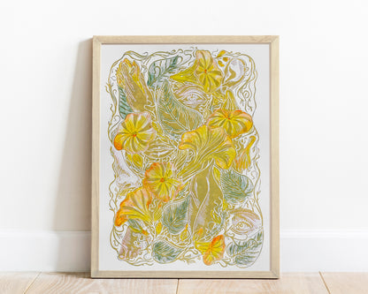 Linocut print
Original artwork
Housewarming gift
cottagecore lover
Body parts people
Floral farm Plant
Linogravure lino
Human among nature
flowers Botanical
relief wall art
Foraged bedroom
decor printmaking
yellow petunia bells